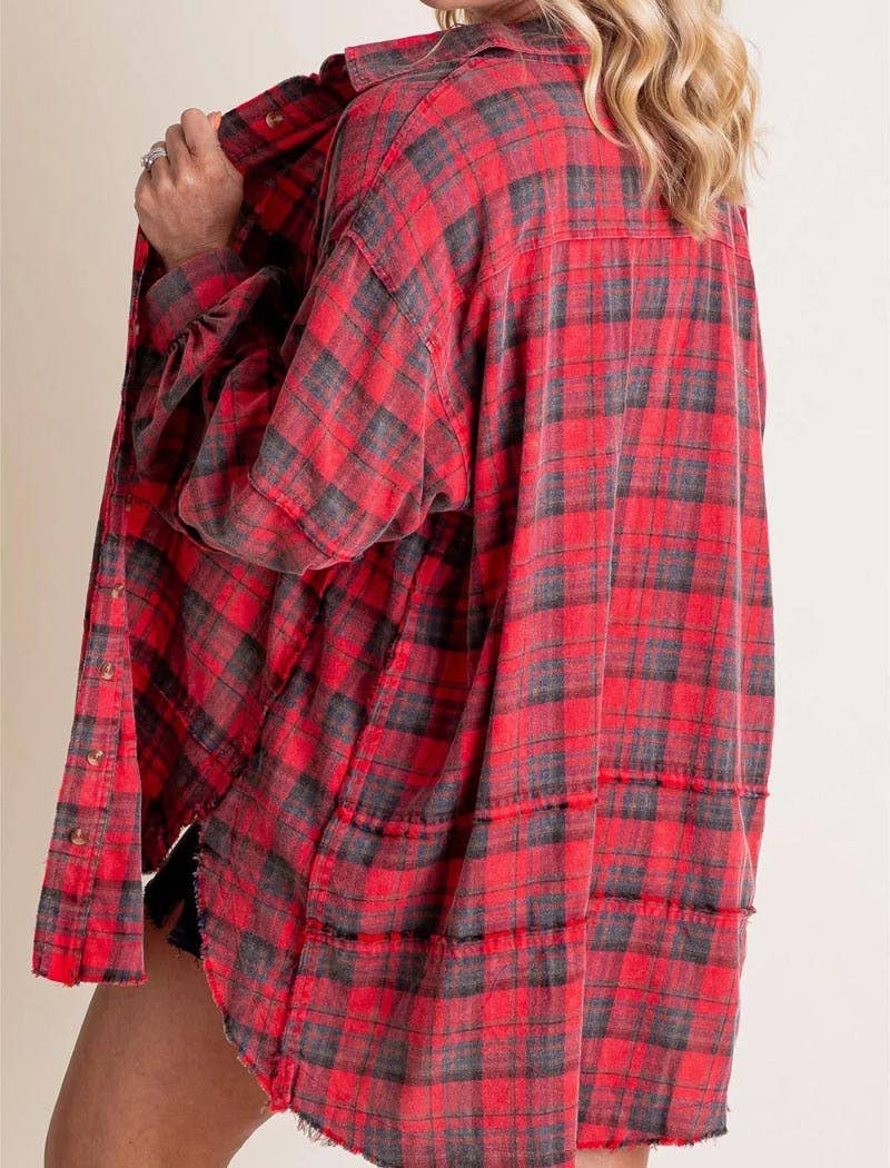 Plaid Oversized Button-Up Red