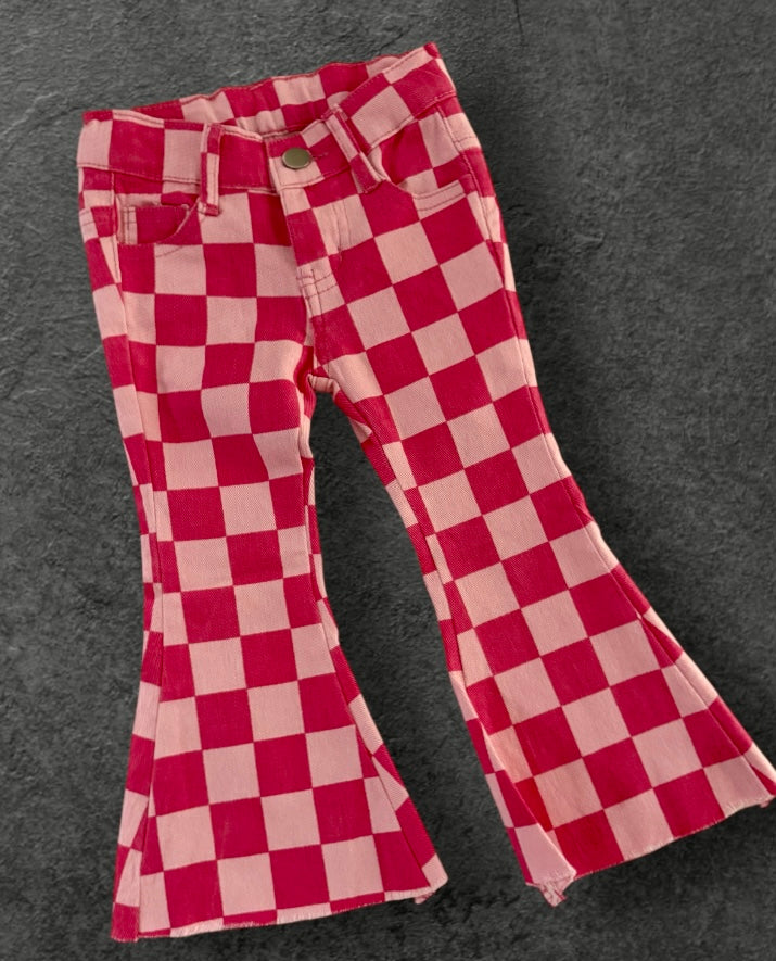 Pink Checkered Denim Bells