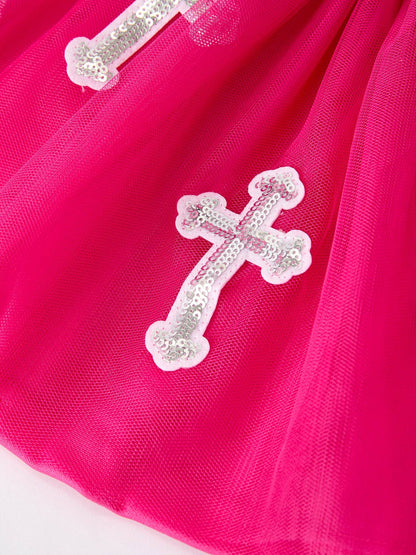 Girls Christian Outfit – Long Sleeve Faith Top & Pink Cross Mesh Skirt