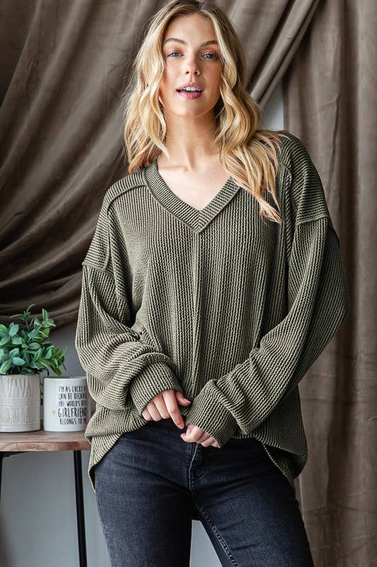 Ribbed Olive VNeck  Top