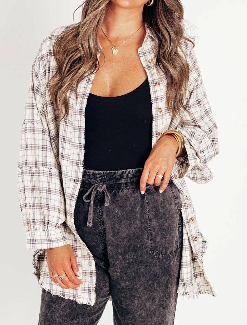 Plaid Oversized Button-Up White