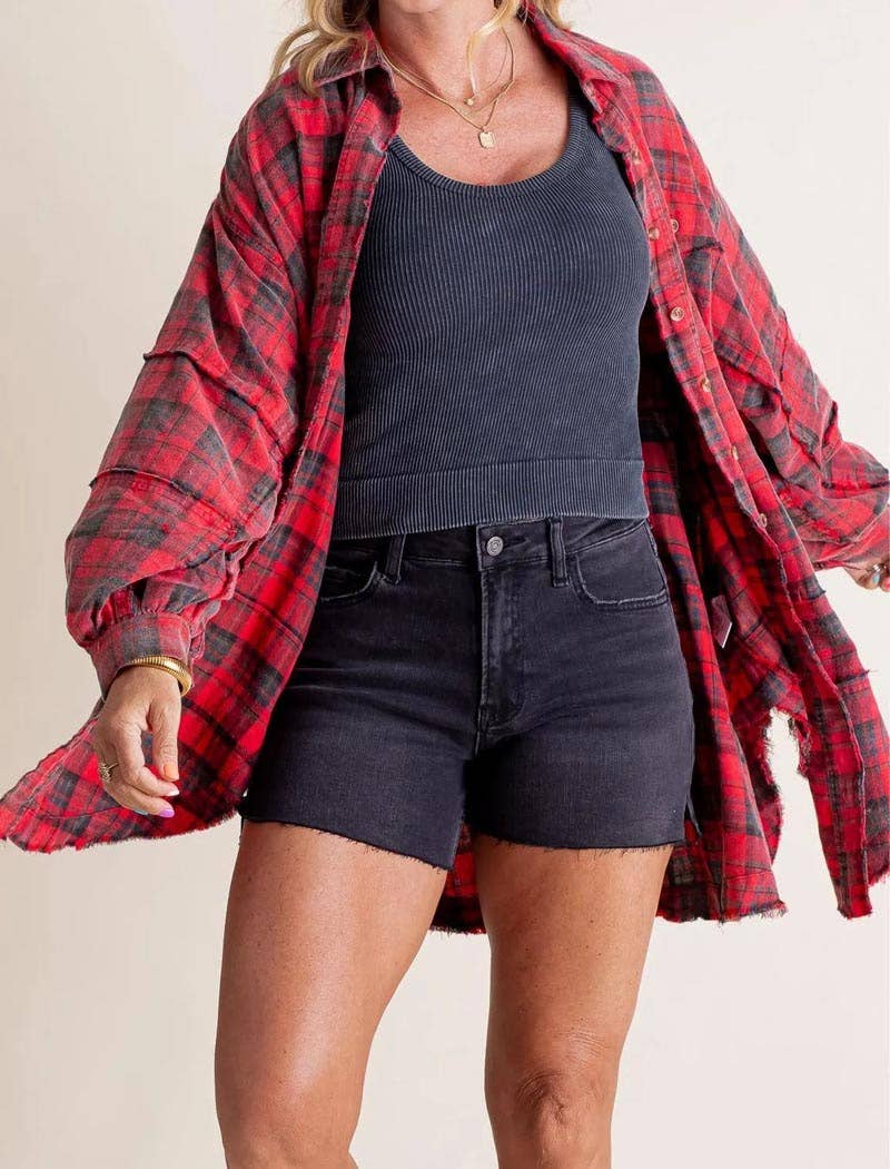 Plaid Oversized Button-Up Red