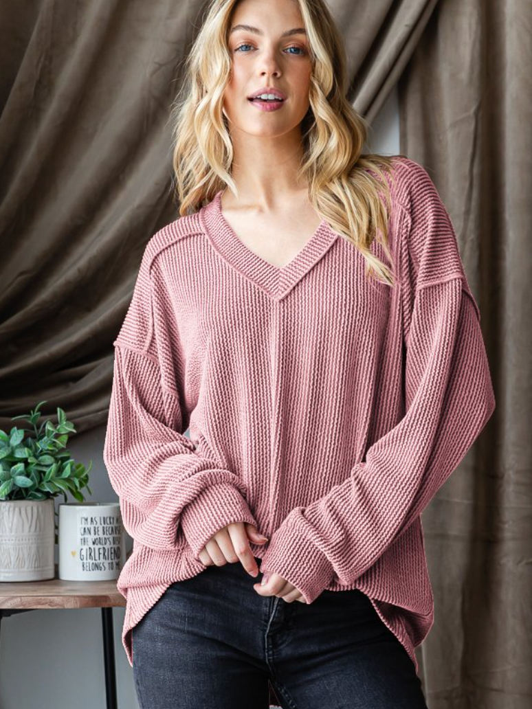 Ribbed Mauve VNeck  Top