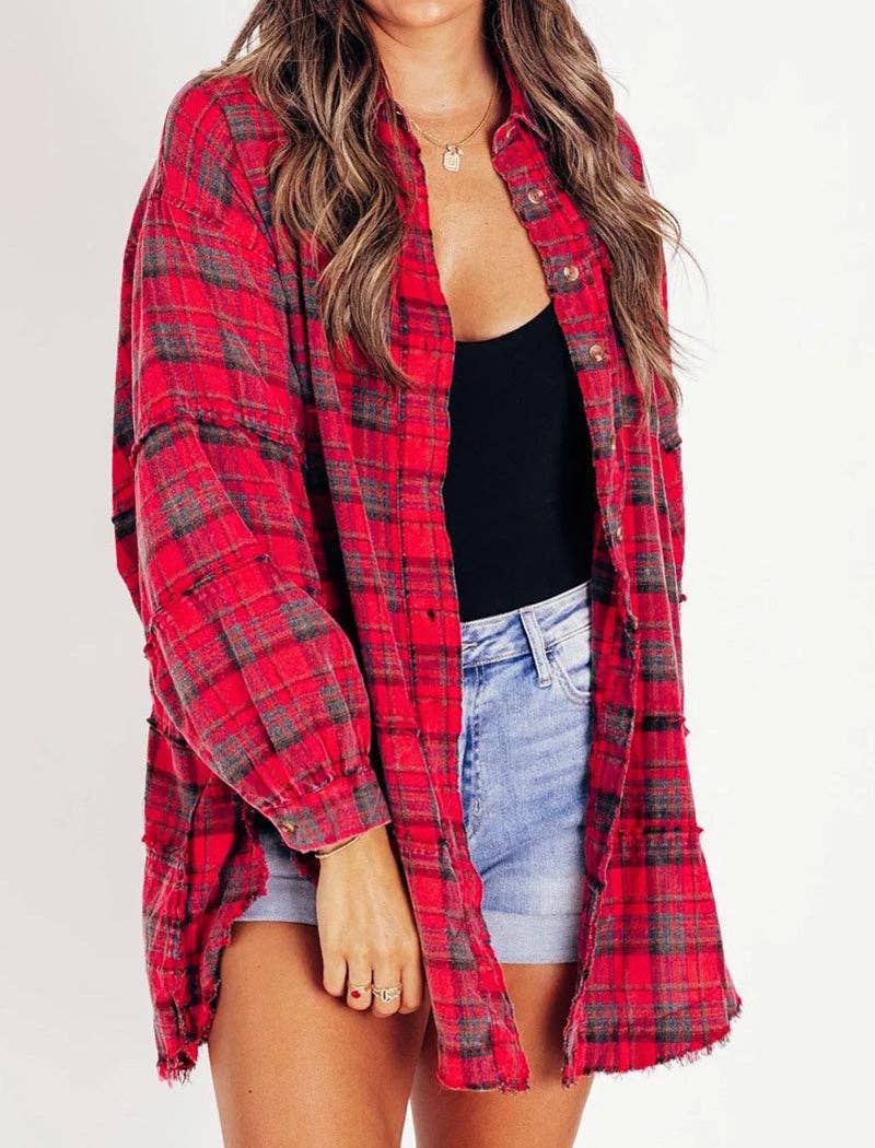 Plaid Oversized Button-Up Red